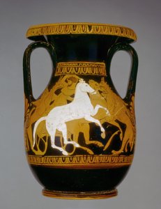Pelike ático de figuras vermelhas decorado com cavalos sendo atacado por grifos, encontrado em Atenas, século IV aC (cerâmica)
